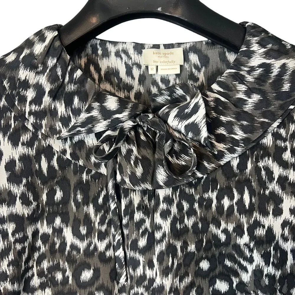 Kate Spade Leopard Cheetah Animal Print Silk Tie-Neck Blouse Top US. 12